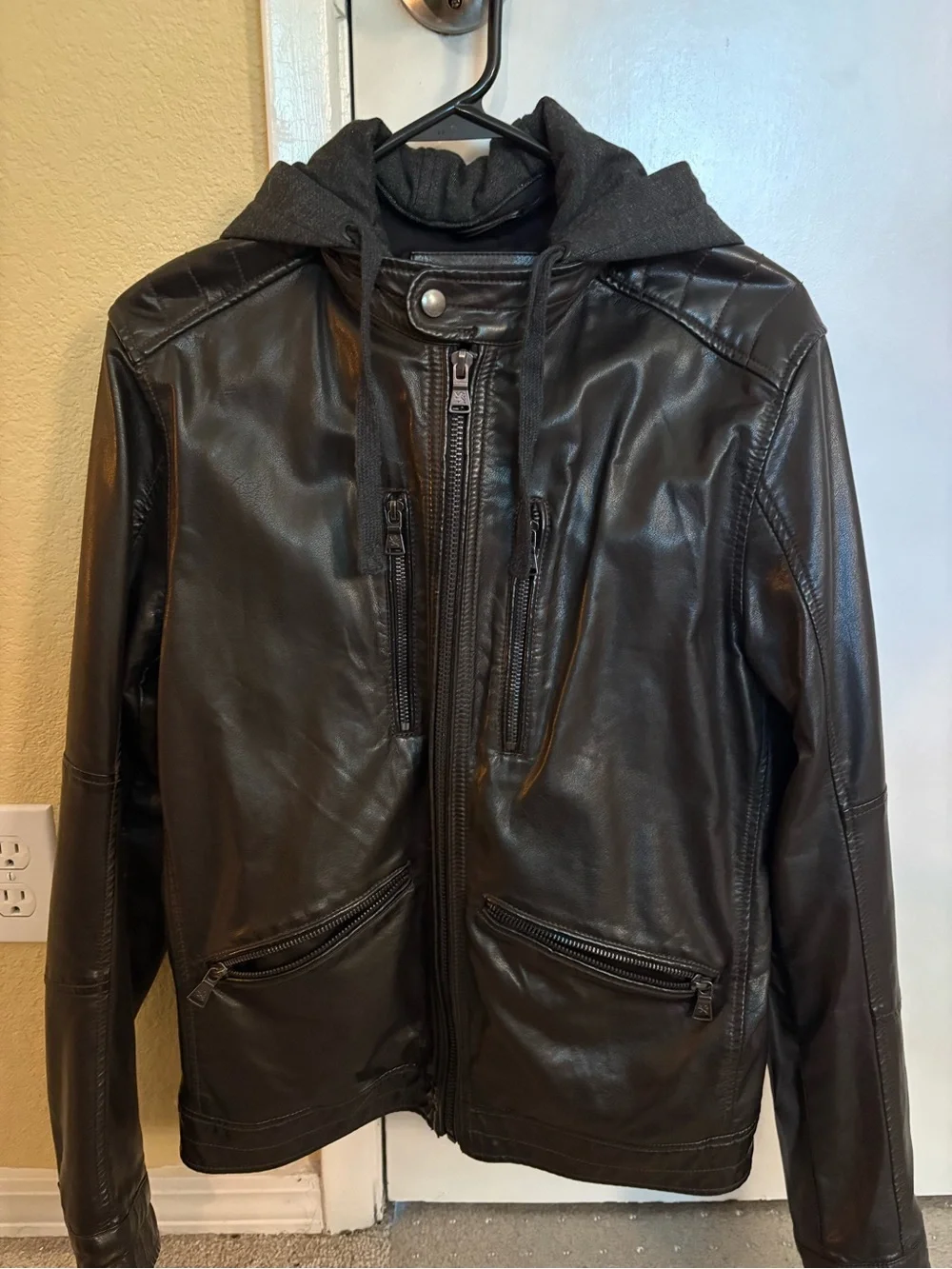 Express Brown Faux Leather Bomber Jacket with Hooded Insert